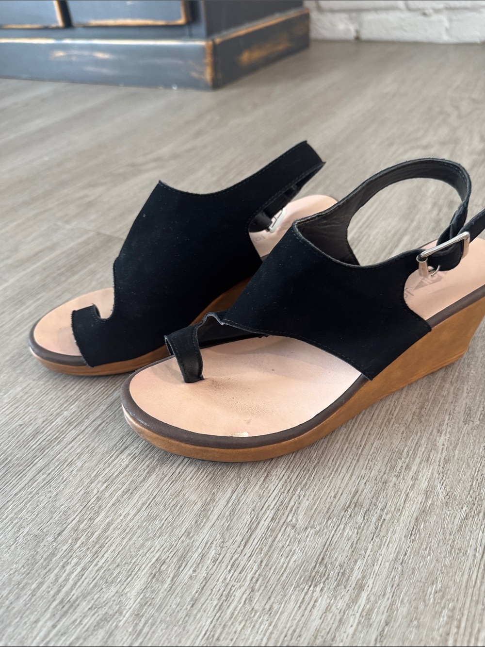 Black Suede Wedge Sandals with Slingback Buckle